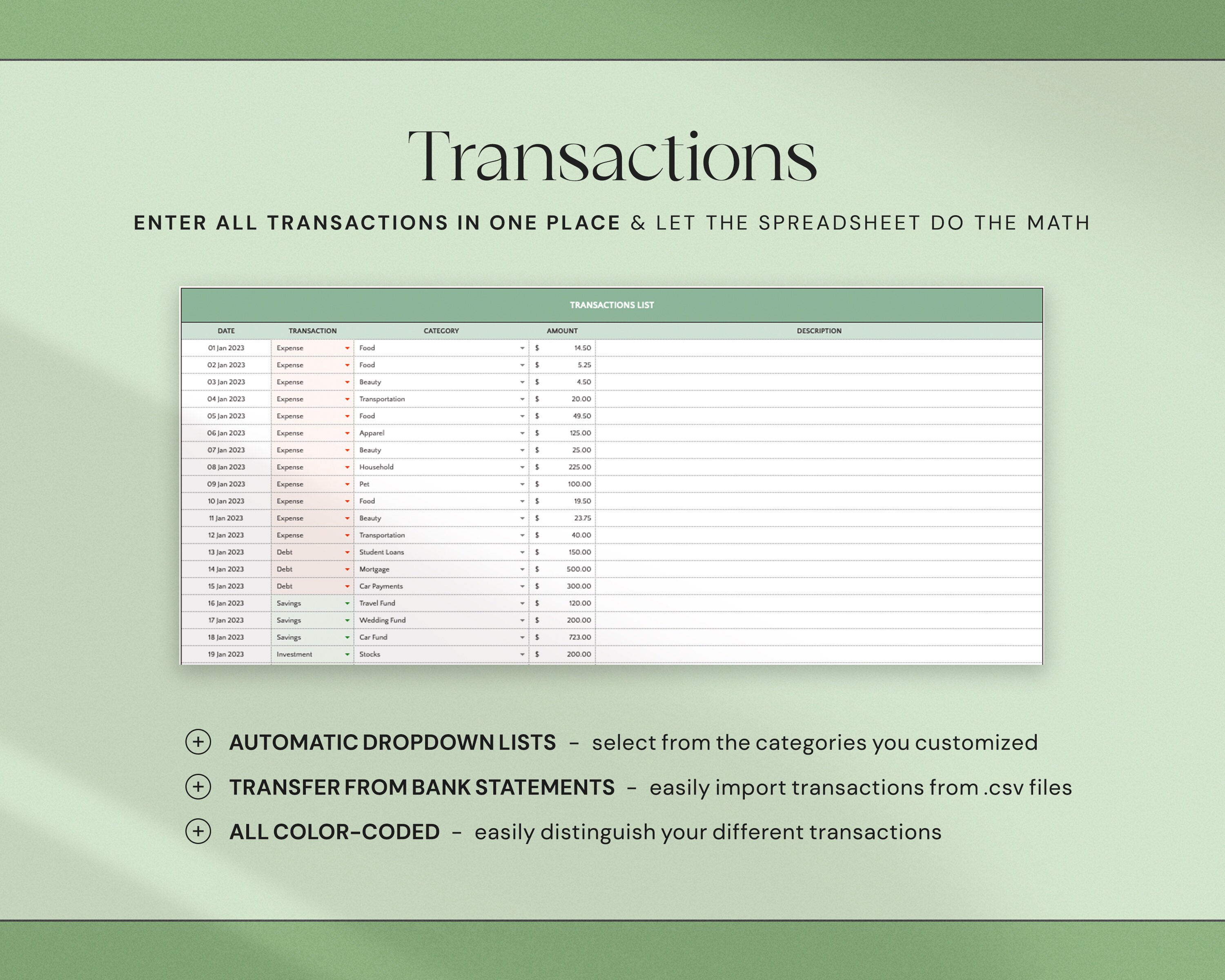 Transactions sheet preview
